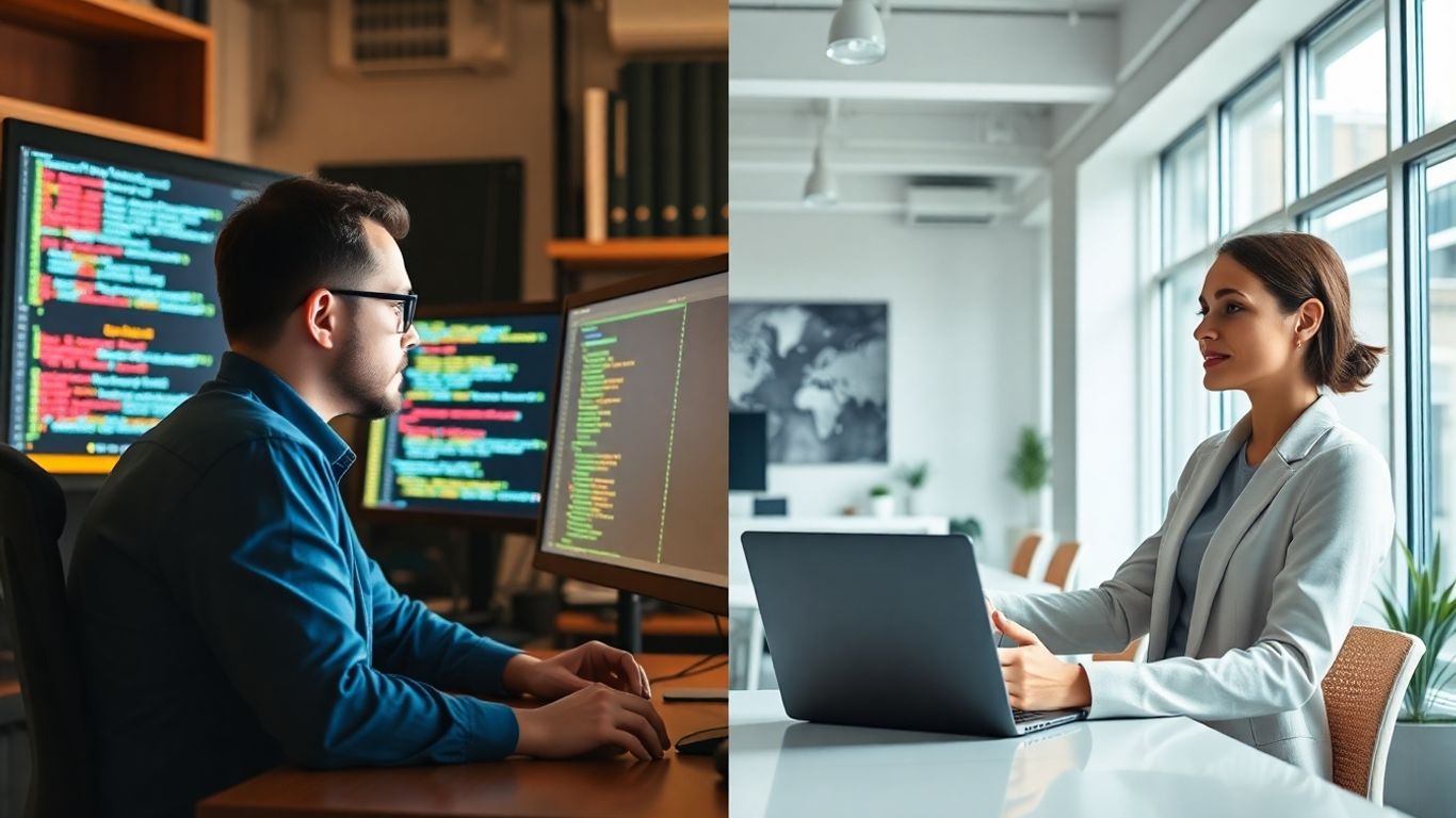 Programmer coding and businessperson using no-code app builder