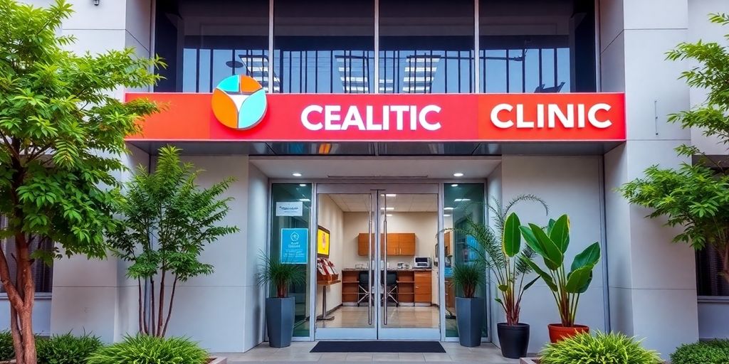 Entrada de clínica de saúde moderna e acolhedora.