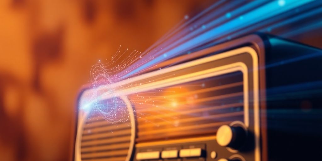 Radio with sound waves turning into digital patterns.