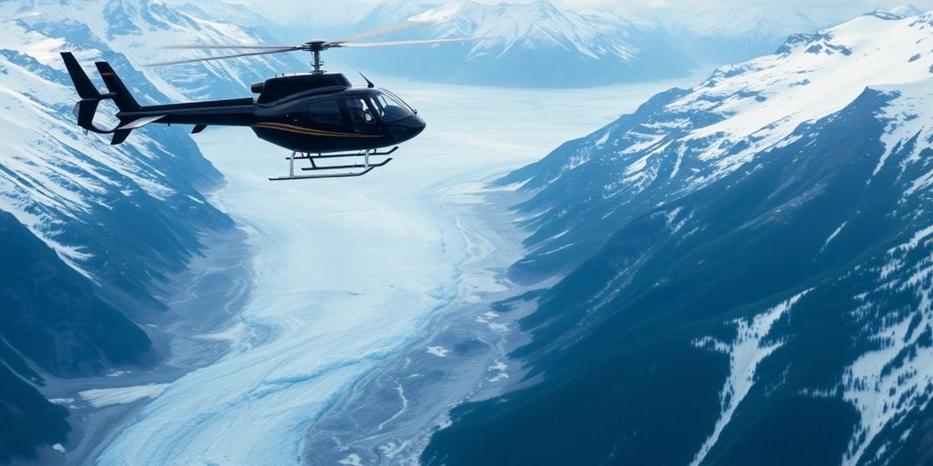 A modern helicopter flying over a vast Alaskan glacial valley.