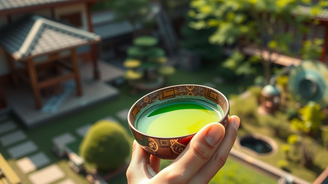 Person holding a bowl of green matcha tea.