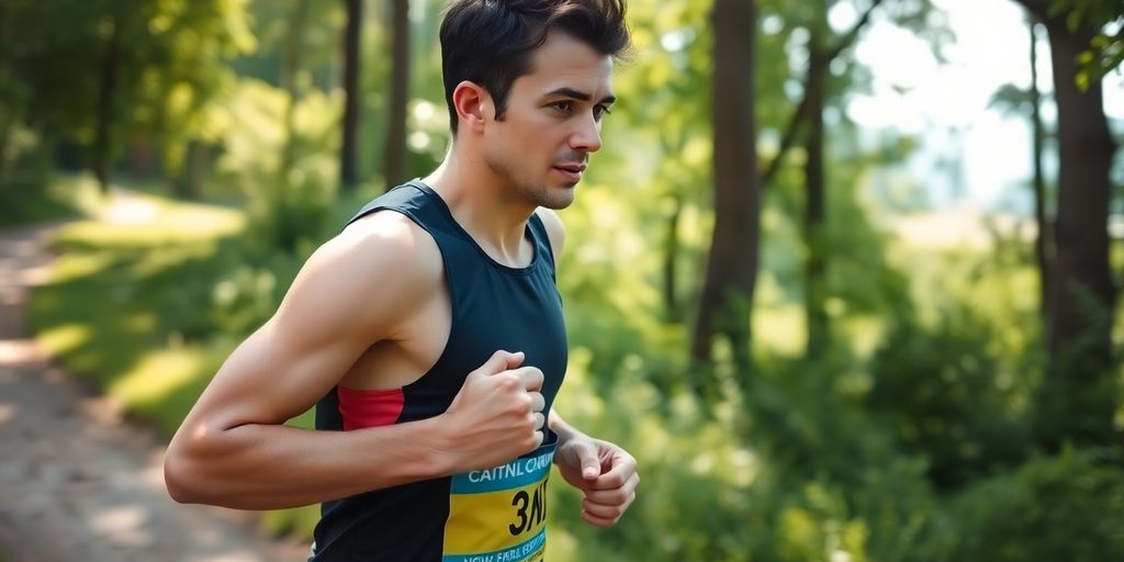 A determined runner training on a scenic trail.