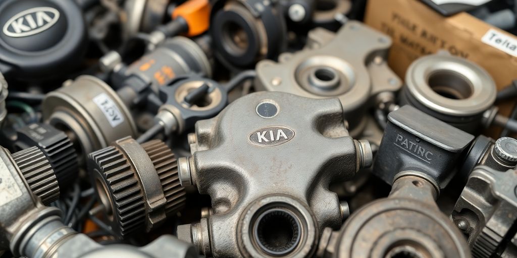 Pile of various used Kia car parts.