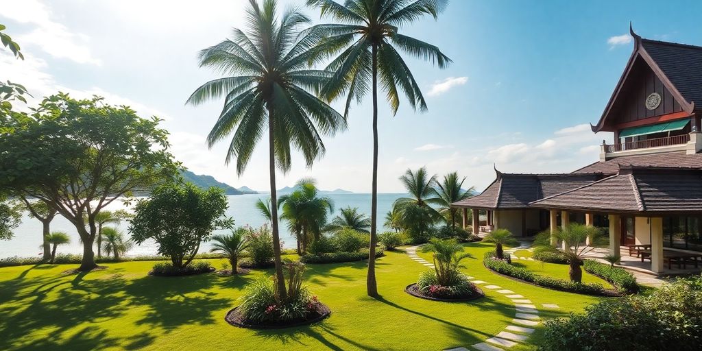 Peaceful Thai landscape with lush greenery and rehab center.