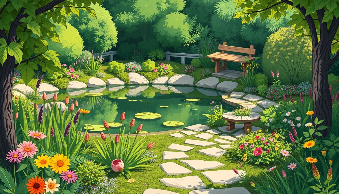 Garden with pond, flowers, and stone pathway