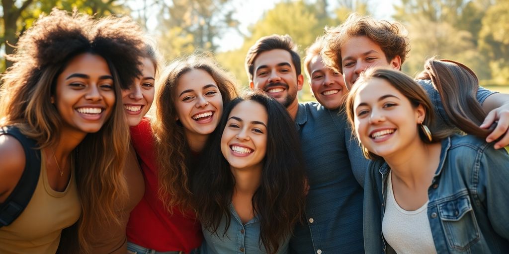 People laughing and hugging in a park.