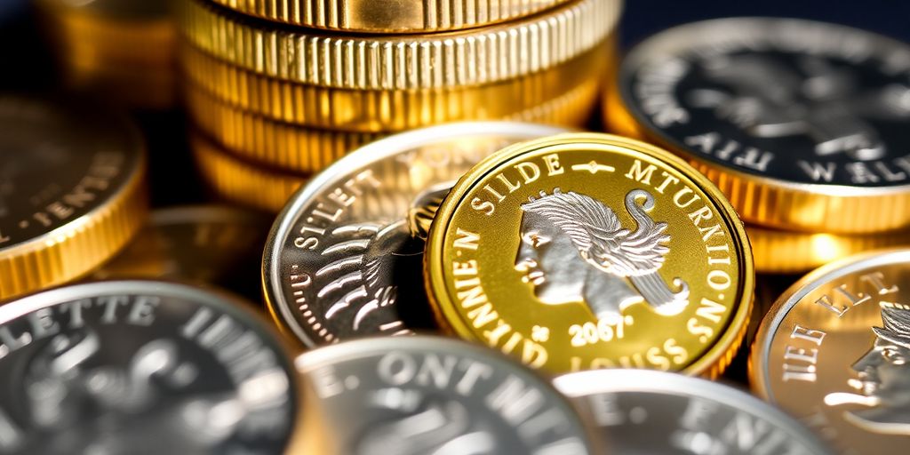 Pièces d'argent et d'or empilées sur une surface.