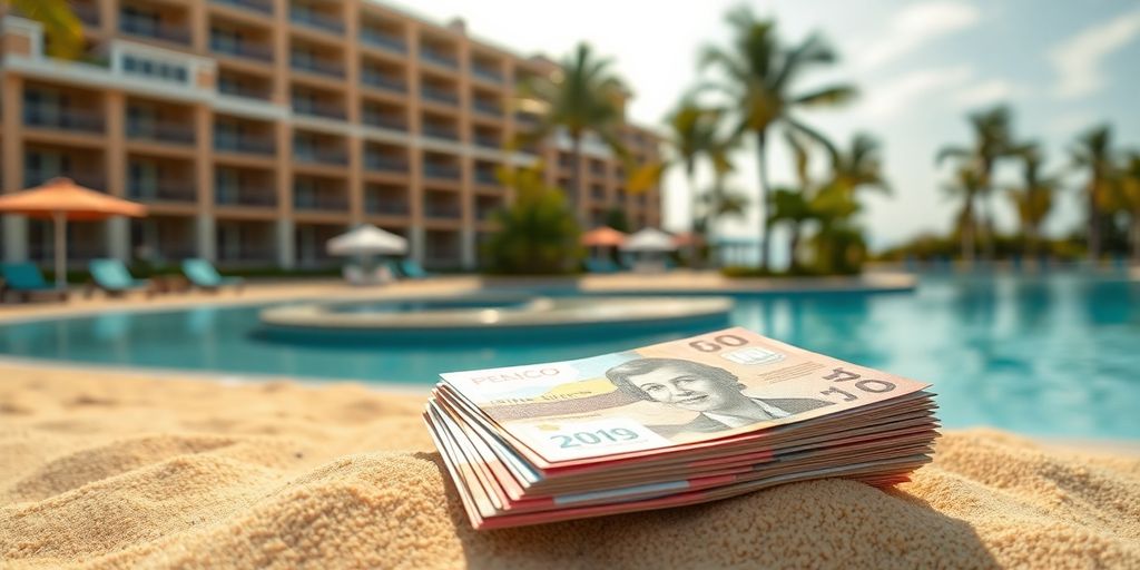 Mexican pesos on a beach with resorts.