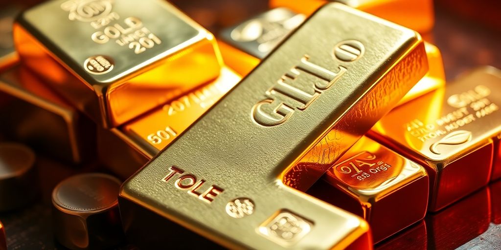 Lingots d'or et d'argent brillant sous une lumière dorée.