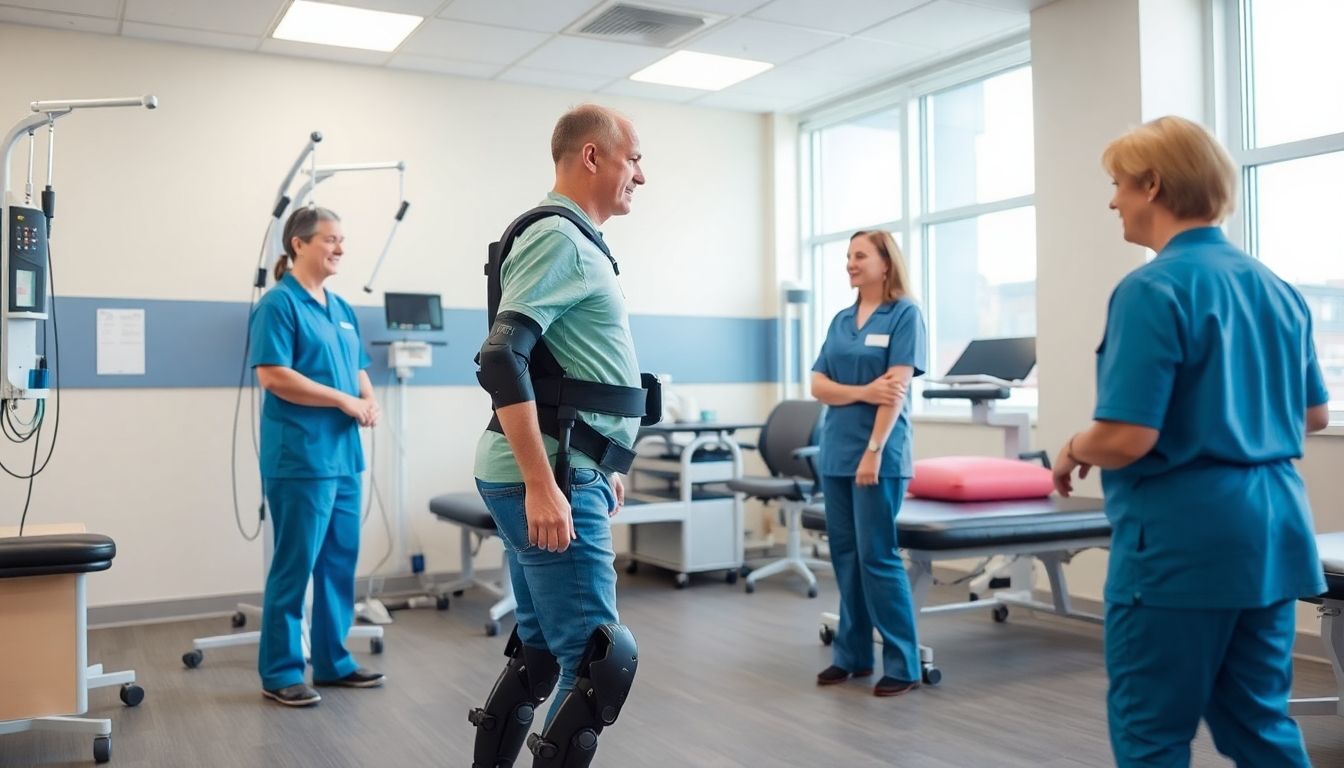 Patient using robotic exoskeleton for spinal rehabilitation.