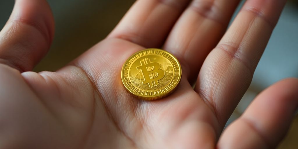 Pièce d'or brillant posée sur une main.