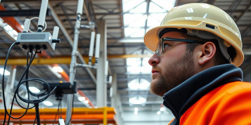 Technician inspecting private cellular network equipment in industry.