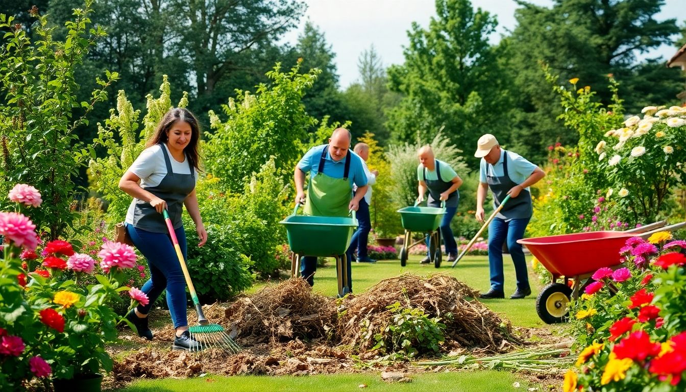 Garden clearance team working in a lush green space.