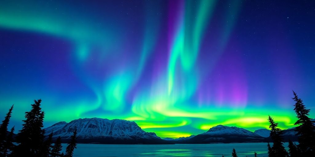 Green aurora borealis lights over snow-covered mountains at night.