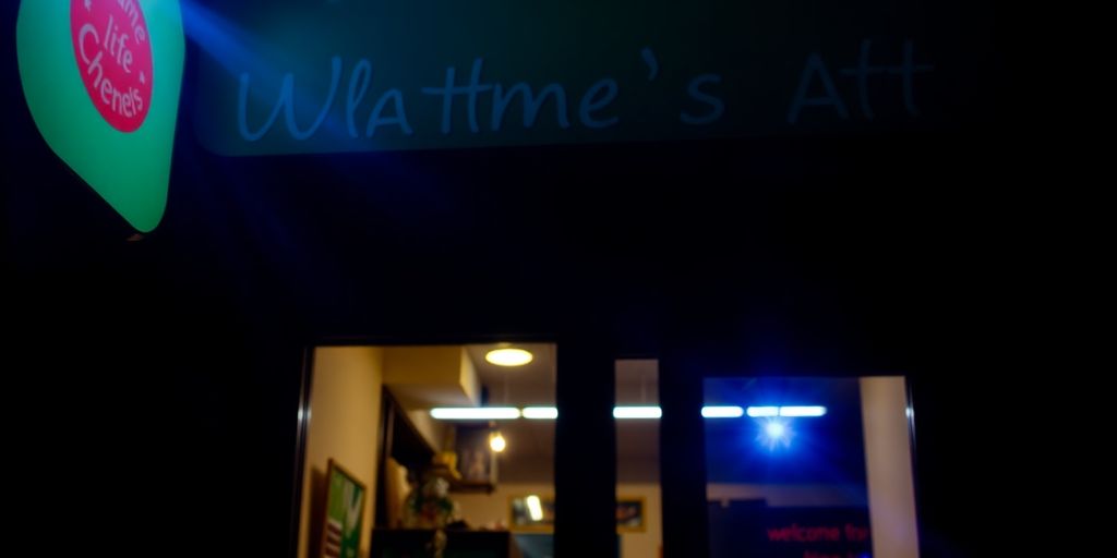 Bright flashing sign illuminating a dark storefront.