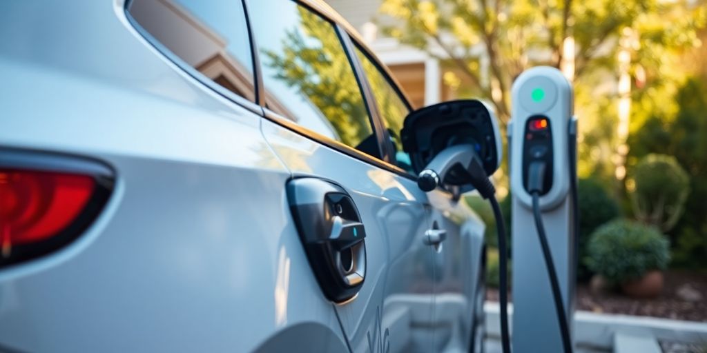 Electric vehicle charging at home in a sunny setting.