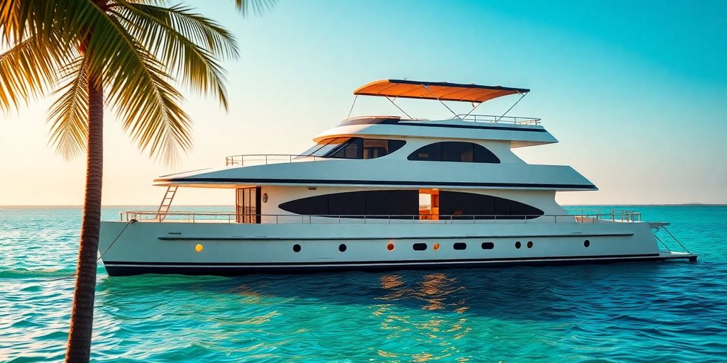 Florida boat Airbnb docked on calm water.