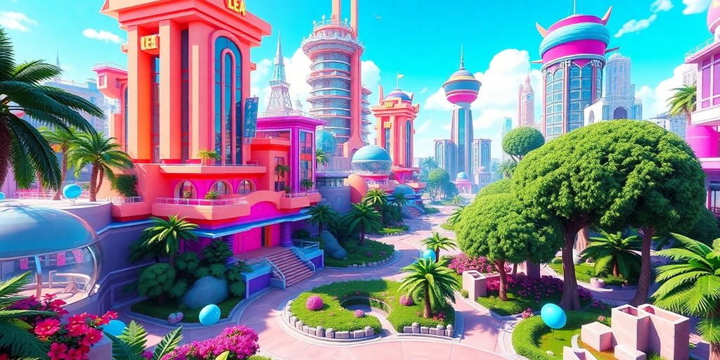 Futuristic virtual real estate in a vibrant digital landscape.
