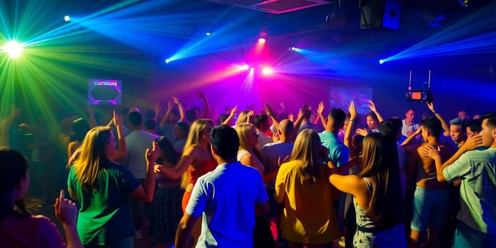 Vibrant crowd dancing under colorful lights at a Cabo nightclub.