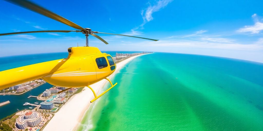 Helicopter flies over Destin, Florida coastline.