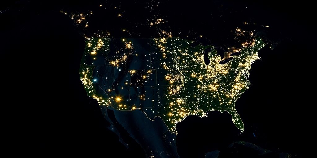 North America continent, US map overlay, city lights