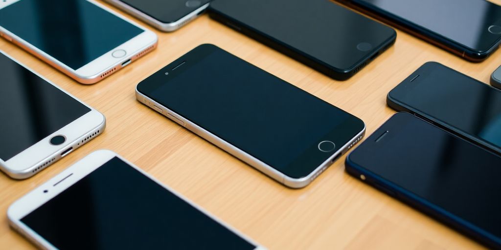 Verschiedene Smartphones auf einem Holztisch angeordnet.