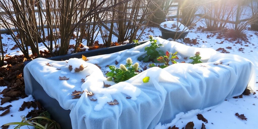 Hochbeet mit schützender Folie und Blättern im Winter.