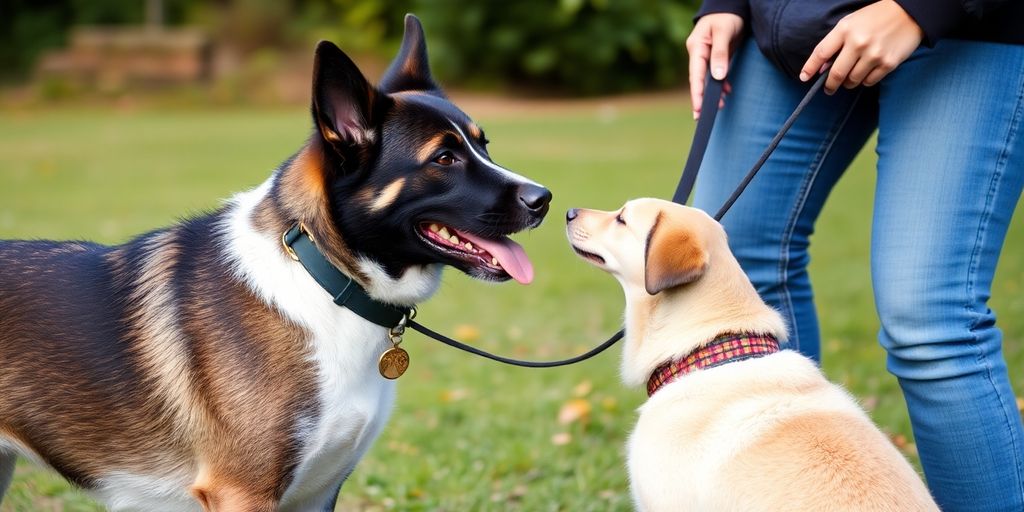 Dog and owner training calmly in a park.