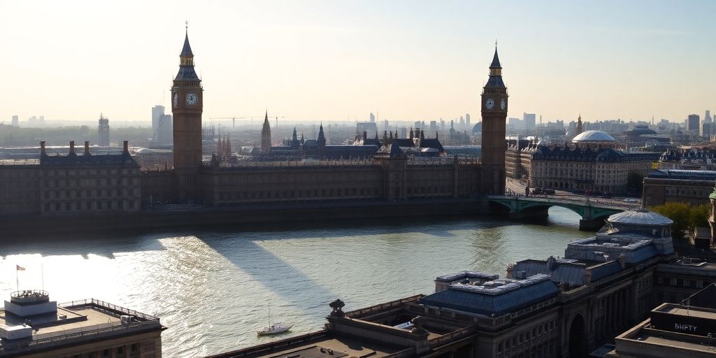 Iconic London skyline with Big Ben and River Thames.