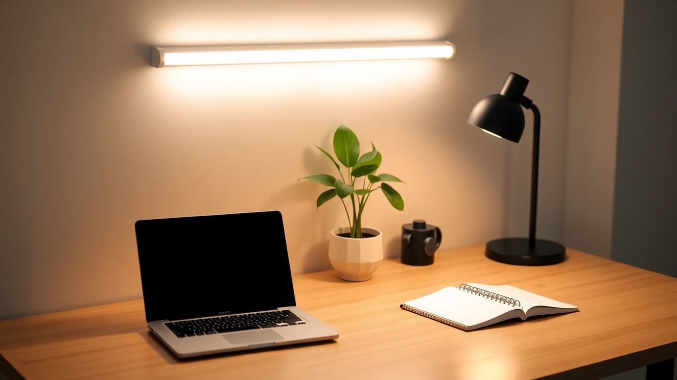 Desk with LED light, laptop, plant, and notebook.