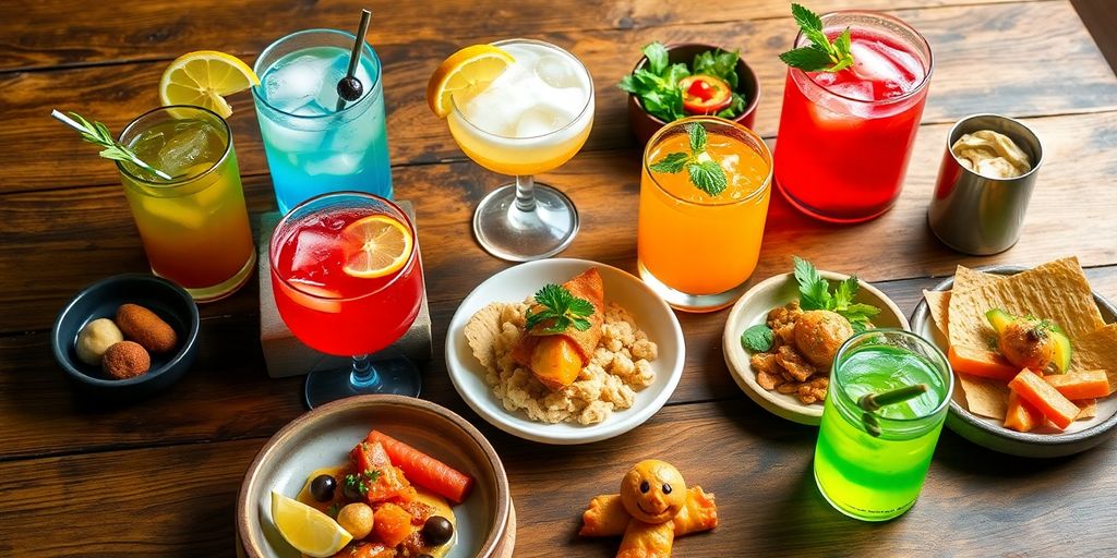 Creative food and beverage concepts on a wooden table.