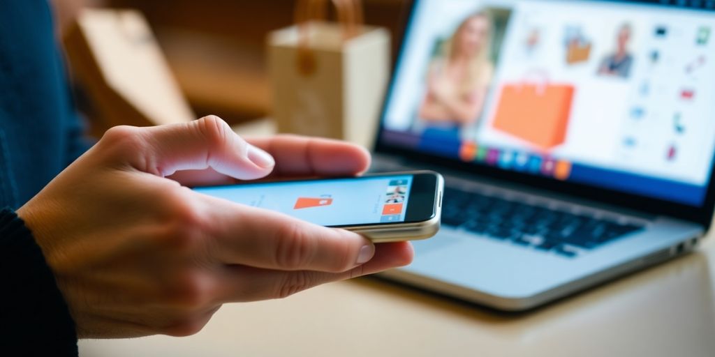 Person shopping online with smartphone and laptop.