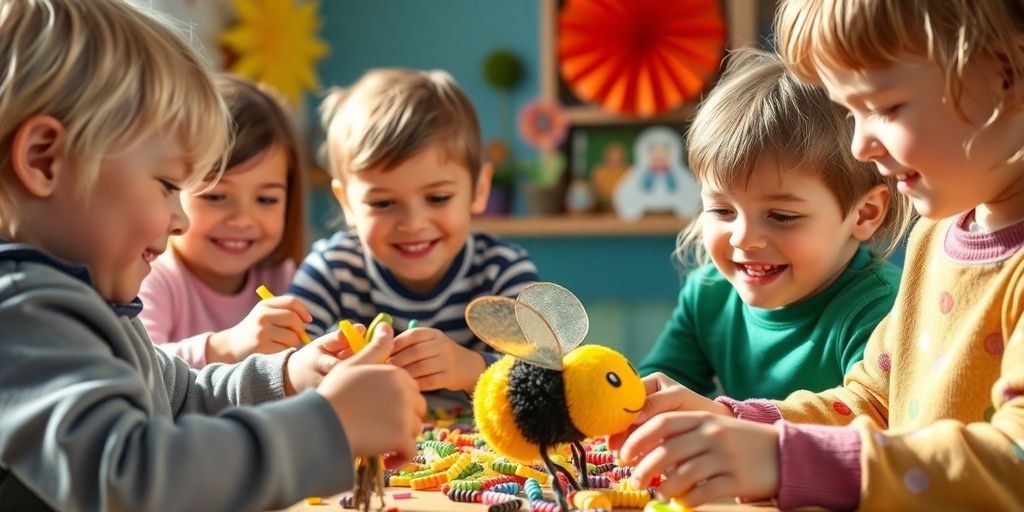 Preschoolers crafting bumblebees with bright colors and smiles.