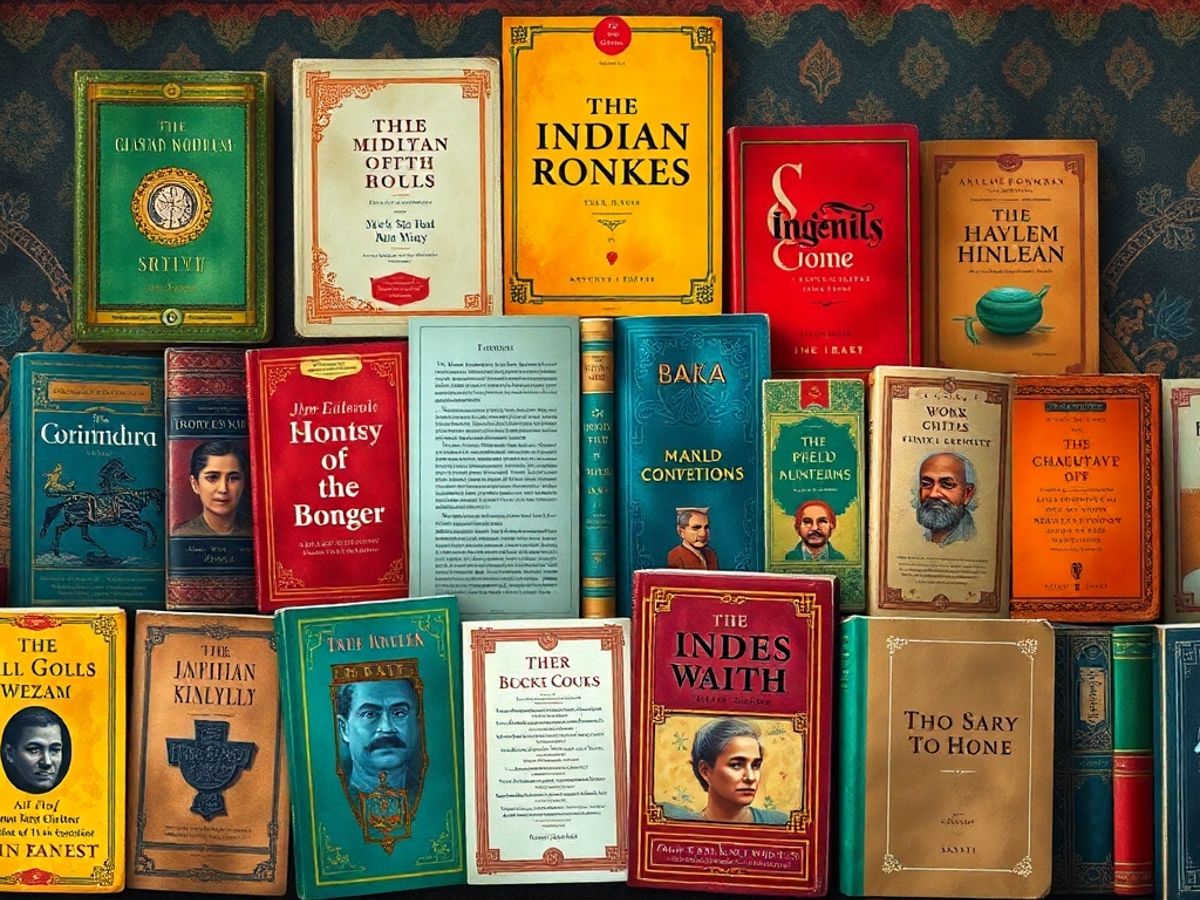 Colorful collage of famous Indian book covers.