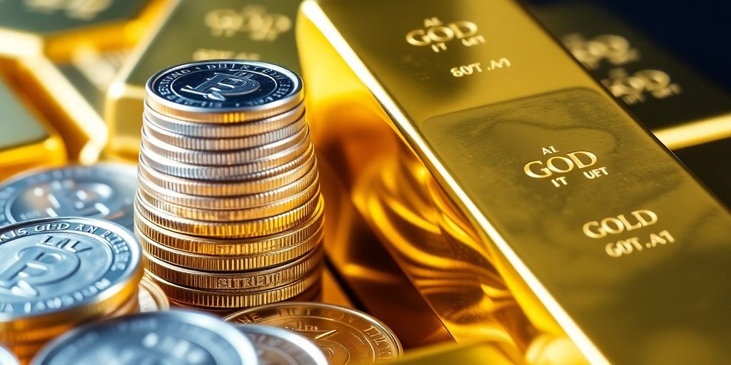 Pièces d'argent sur un tas de lingots d'or