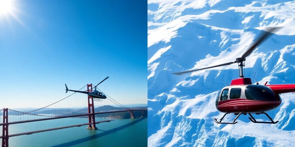 Helicopter over Golden Gate Bridge and Alaskan glacial mountains.