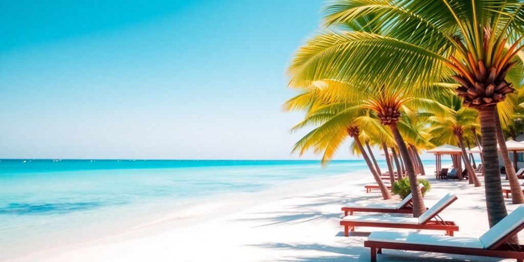 Strand mit Palmen und Liegen im März.