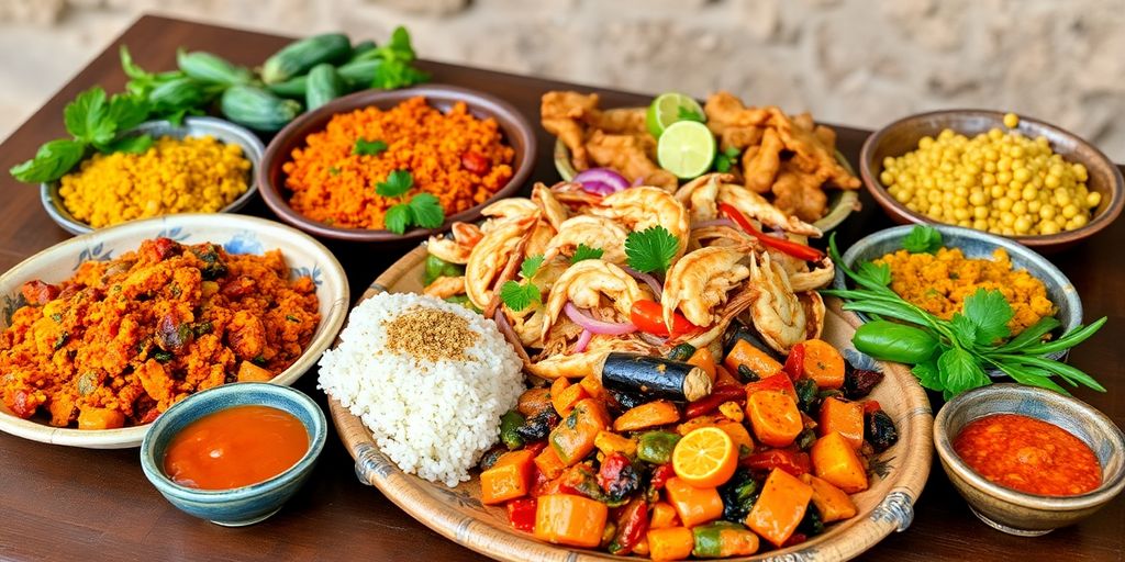 Traditionelle Djerba-Gerichte auf einem rustikalen Tisch.