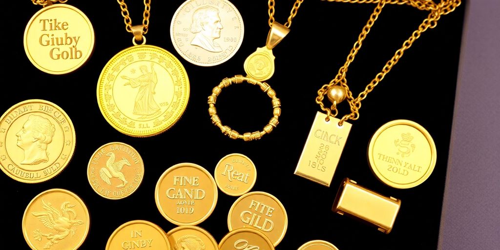 Variété de pièces et bijoux en or scintillants.