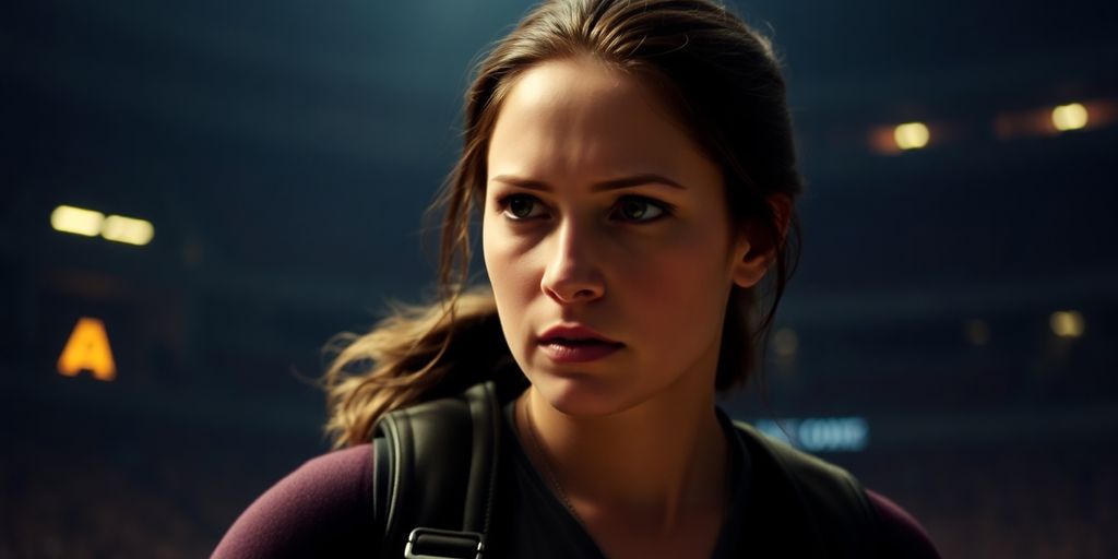 Katniss Everdeen in a tense moment in The Hunger Games.