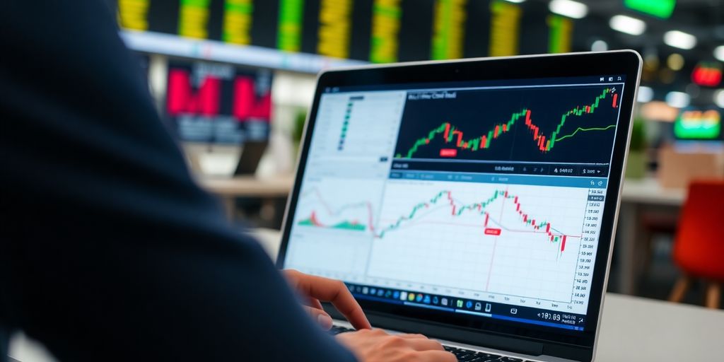 Trader examining charts with Keltner Channel indicator on laptop.