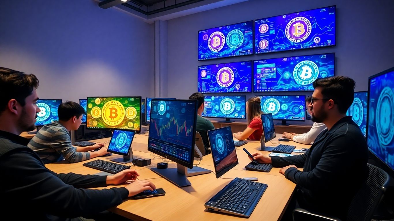 People at computers in a modern crypto trading workspace.