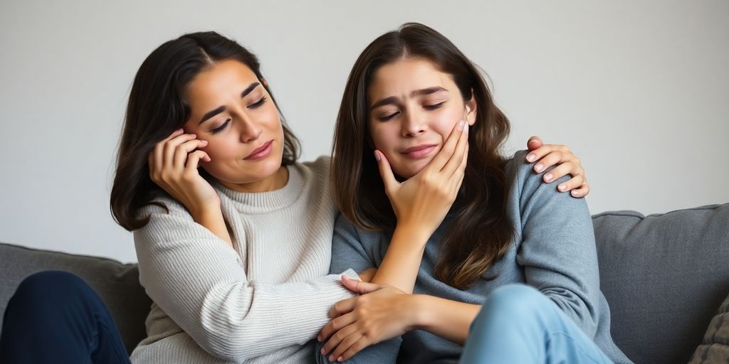 Two friends comforting each other in a calm setting.