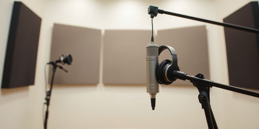 Podcast studio with microphone and headphones.