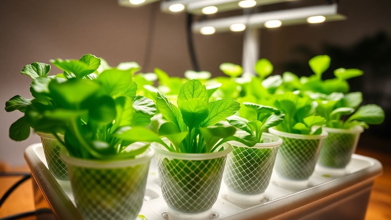 Tabletop hydroponic garden with thriving green plants.