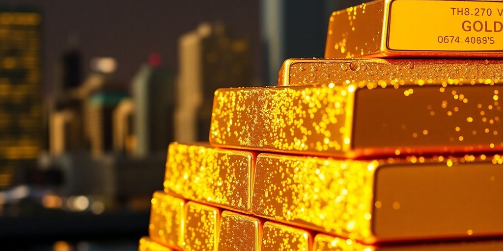 Des lingots d'or brillants sur fond de ville floue.