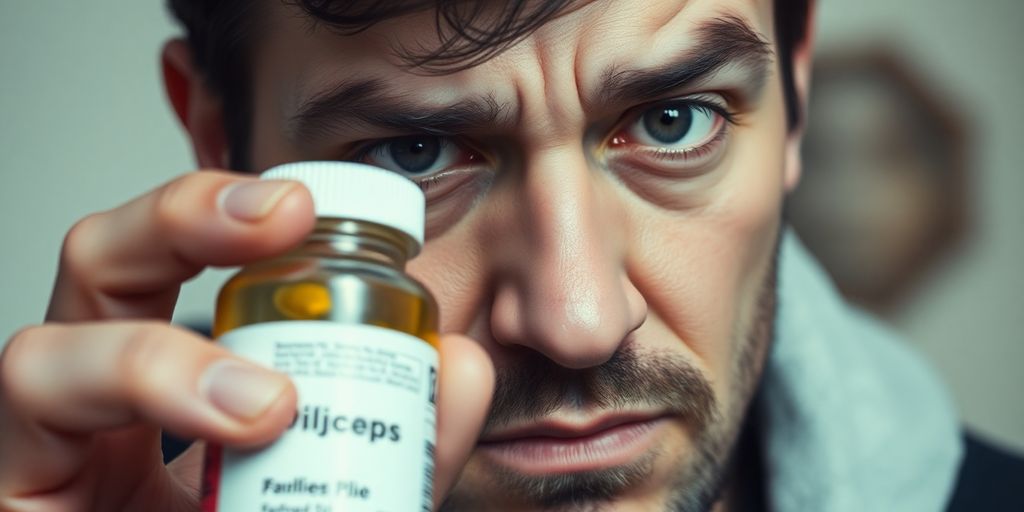 Man looking skeptically at a pill bottle.