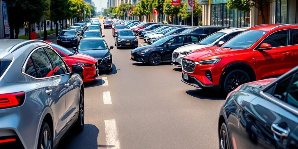 Moderne Autos auf einer Stadtstraße, 2025 Modelle.