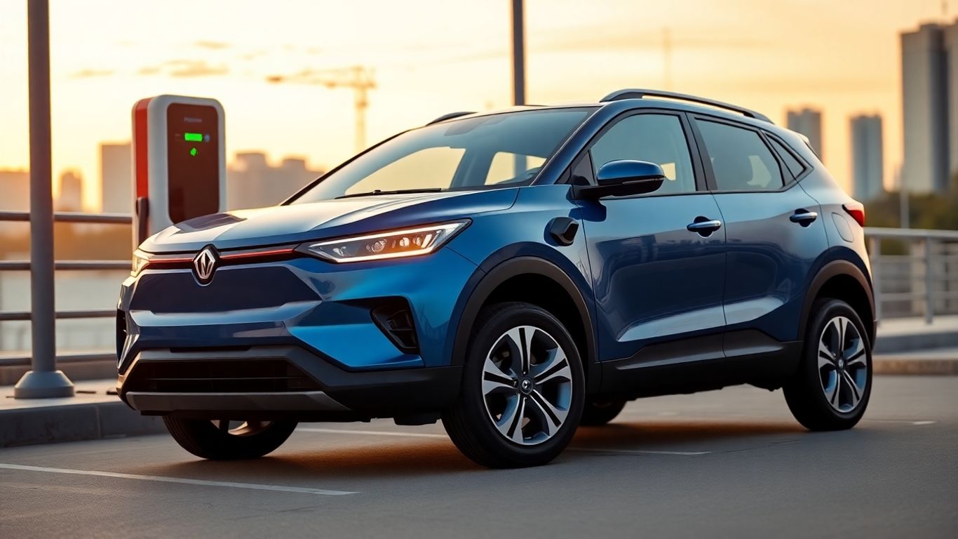 VinFast VF6 compact electric crossover at urban charger, metallic blue.