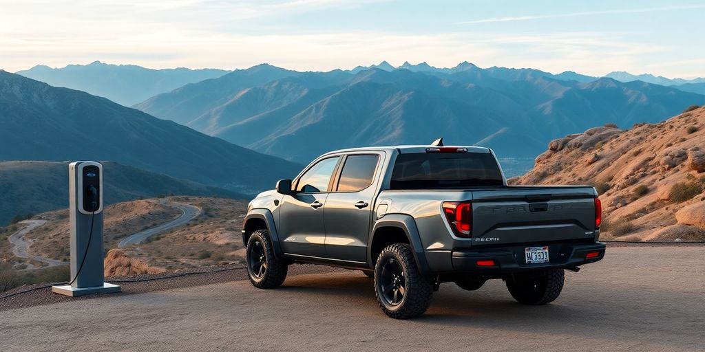 Electric pickup truck at scenic mountain overlook.